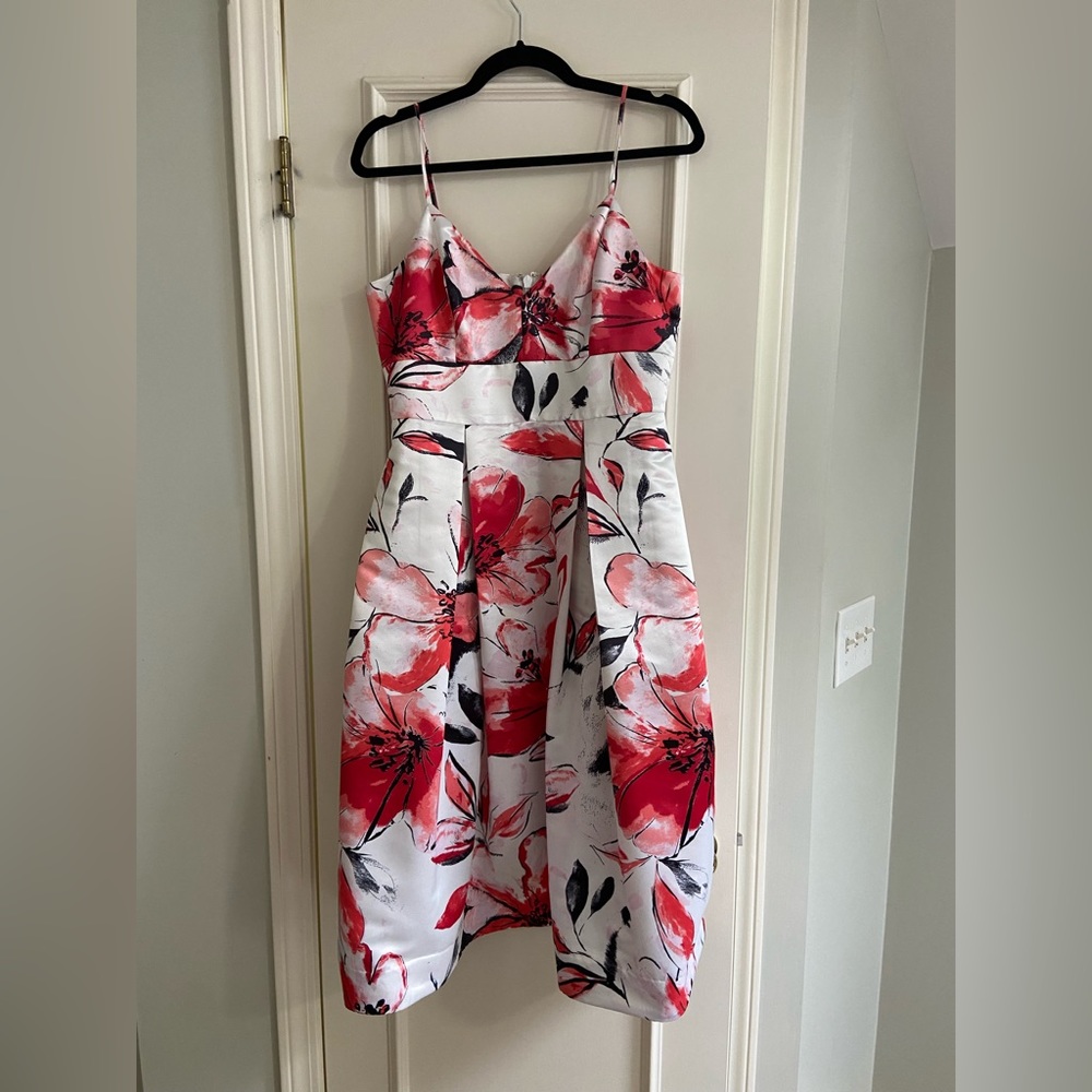 Parker Black Satin Cocktail Floral Midi-Dress